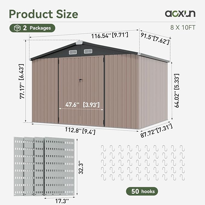 Aoxun 9.5x7.5 FT Shed with 4 Pegboards and 50 Hooks Outdoor Waterproof Storage Shed Steel Utility Garden Tool Shed with Door & Lock Outdoor Storage for Garden Patio Lawn Poolside, Brown
