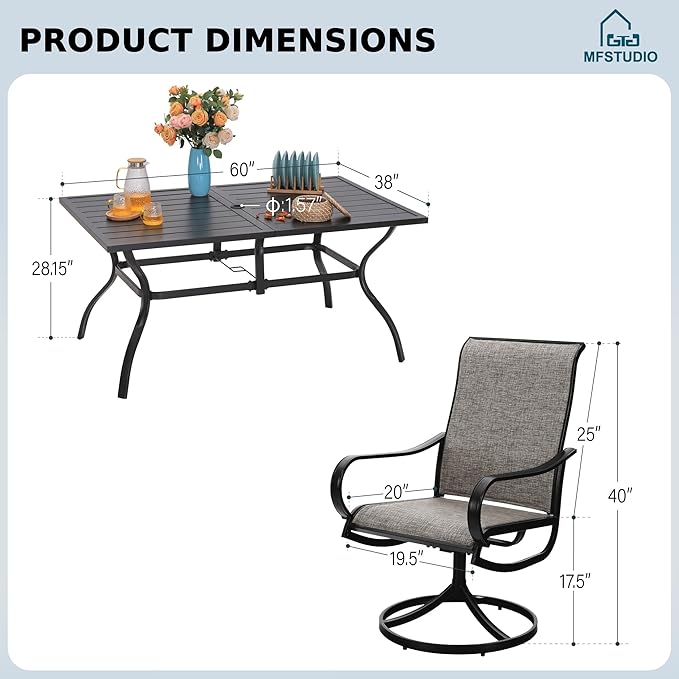 MFSTUDIO Patio Table and Chairs Set of 6, Outdoor Dining Set for 6 with Umbrella Hole, Outdoor Patio Furniture Set for Deck, Backyard, Poolside & Garden