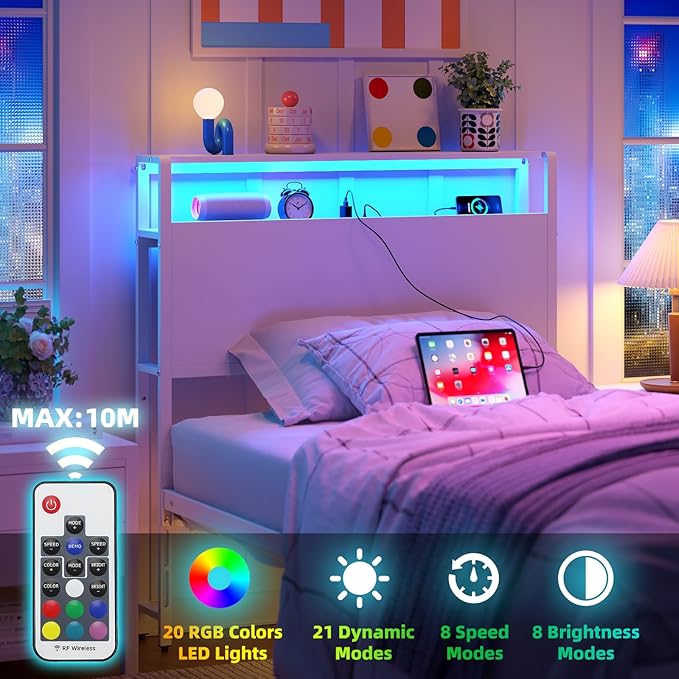 Twin Sized Headboard with 2 Tiers Storage Shelves, Sturdy and Stable Headboard with Charging Station, USB Ports and LED Light for Twin Bed Frames,White