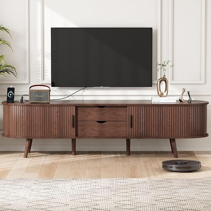 Alohappy 69" Mid Century Modern TV Stand with Charging Station, Farmhouse Curved Edge TV and Media Console Table with Drawer and Shelf, Fluted Entertainment Center for Living Room, Bedroom, Walnut
