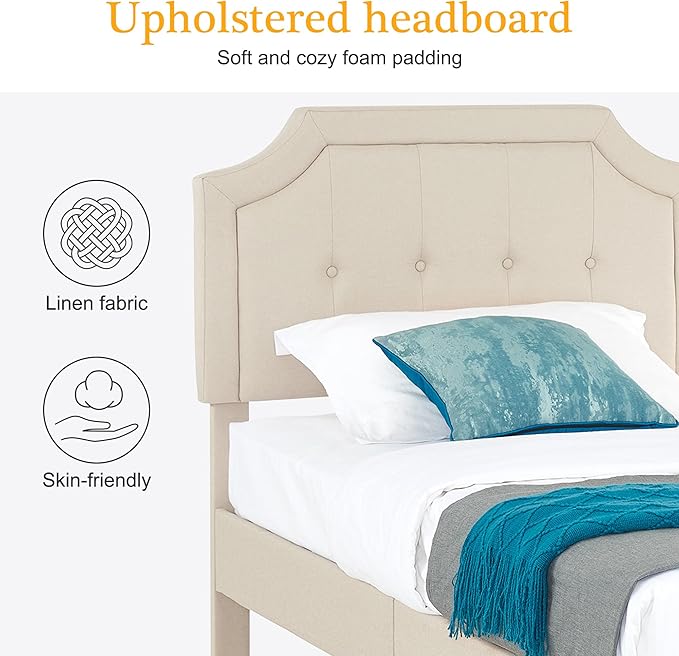 VECELO Twin Size Platform Bed Frame with Fabric Upholstered Headboard and Wooden Slats Support, No Box Spring Needed/Easy Assembly,Beige