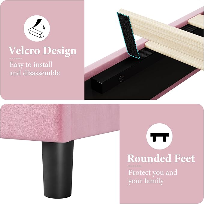 GAOMON Pink Twin Bed Frame with Upholstered Headboard, Heavy-Duty Platform Bed Frame with Strong Wood Slats, No Box Spring Needed/Noise Free/Easy Assembly