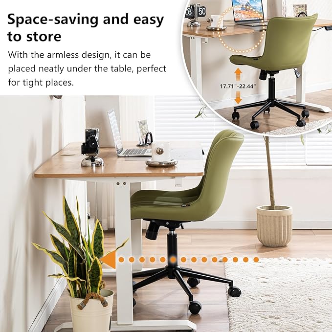 YOUNIKE Ergonomic Home Office Desk Chair with Wheels Comfy Armless Criss Cross Chair with Back Adjustable Modern Leather Upholstered Swivel Vanity Chair Small Cute Rolling Task Chair Avocado Green