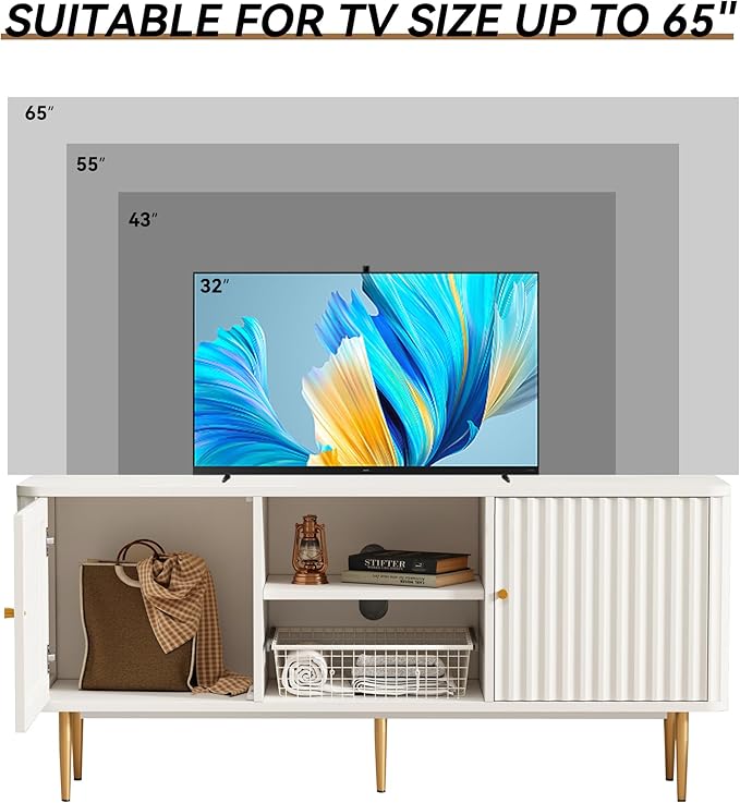 ARTPOWER 55” Fluted TV Stand, Mid Century Modern White TV Stand for 55/60/65 inch TV, Entertainment Center with Storage, Television Stands, TV Console, Media Console for Living Room, Bedroom