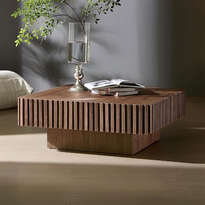 Square Coffee Table for Living Room, Accent Fluted Coffee Table with Storage, Modern Solid Wood Veneered Large Center Tea Table for Small Space Apartment (35.4''D×16''H-Walnut)