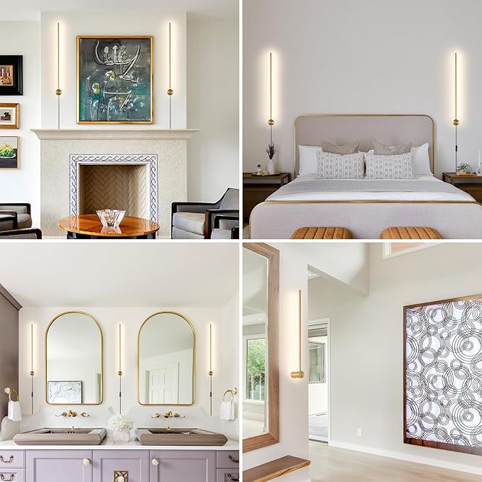 dimmable Modern Plug in Wall Sconce Set of 2, 23.6" Gold Brushed Wall Lights, Indoor Wall lamp Background Lighting with Memory Function, Applicable to Living Room and Bedroom 3000K 4000K 6000K