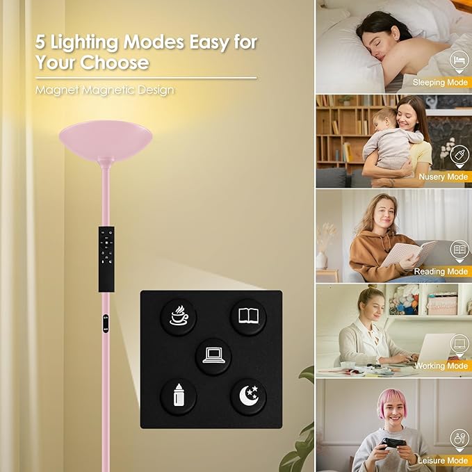 Stepless Dimmable Floor Lamp,30W 3000LM Super Bright LED Torchiere Floor Lamps with Remote & Touch Control,71 in Tall Modern Standing Lamp for Living Room Bedroom Office,2700k-6500k,Pink