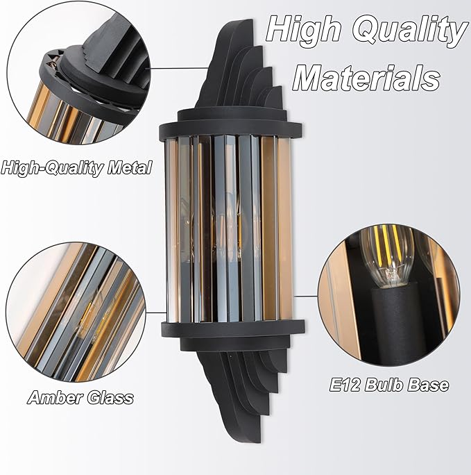 Rustic Black Wall Sconce with Amber Glass Vintage 2-Lights Antique Wall Light Fixture Retro Farmhouse Mid Centry Lantern Wall Sconce for Bedroom, Living Room, Mirror, Fireplace, E12