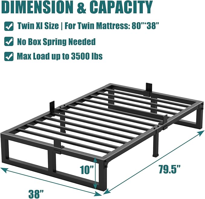10 inch TXL Bed Frame,3500 lbs Heavy Duty Metal Platform, Steel Slats Support/No Box Spring Needed/Noise Free/Non-Slip/Easy Assembly