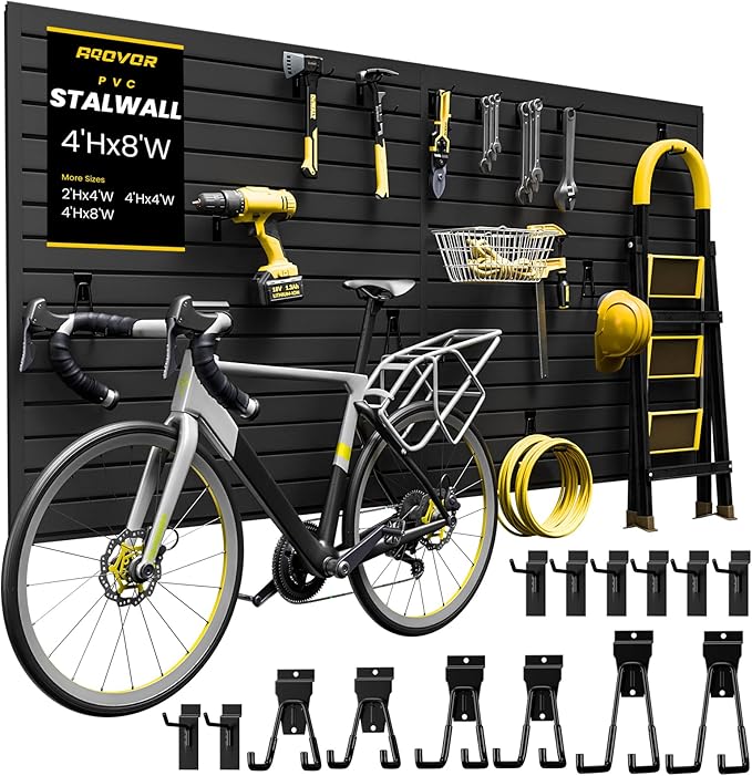 Slat Wall Paneling 4x8 FT, PVC Slat Wall Panels Heavy-Duty Garage Organization System with Hooks & Accessories, Slatwall Pegboard Suitable for Home、Garage、Shop Display & Organization (Black)