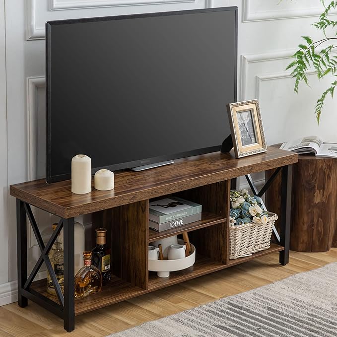 GAZHOME TV Stand for TV up to 55 Inches, TV Cabinet with Open Storage, TV Console Unit with Shelving for Living Room, Entertainment Room, Rustic Brown