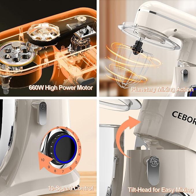 3-IN-1 Electric Stand Mixer, 6.5QT Bowl 660W 10-Speed Kitchen Mixer, Household Food Mixers include Dough Hook, Beater and Whisk, Bread Cake Mixer for Baking and Most Home Cooks, Almond Cream