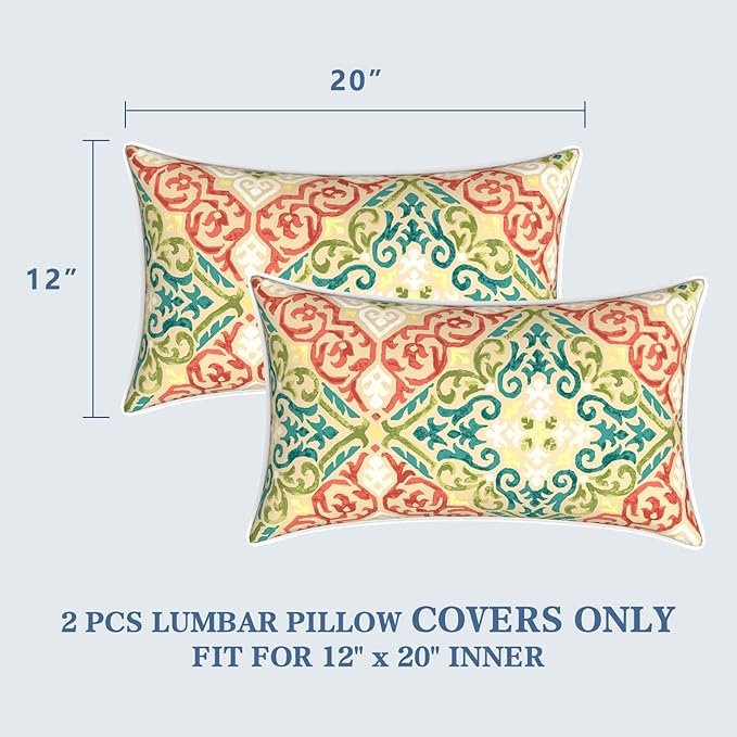 LVTXIII Outdoor Lumbar Pillow Covers 12"x20", Covers ONLY, 2 Pack 30x50cm Lumbar Cushion Cover with White Piping for Home Patio Garden Sofa Bench, Geometric Orange