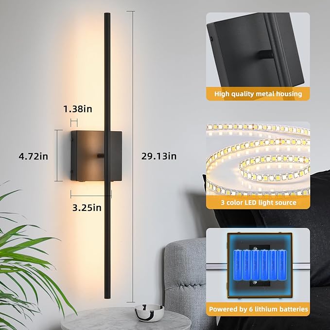 Battery Operated Wall Sconces set of 2, 16000mAh Black Rechargeable Wall Sconce with Remote Control, 3000K-6000K Dimmable LED Wireless Wall Light for Living Room, Hallway, Bedroom, Stairs, 29 Inchs