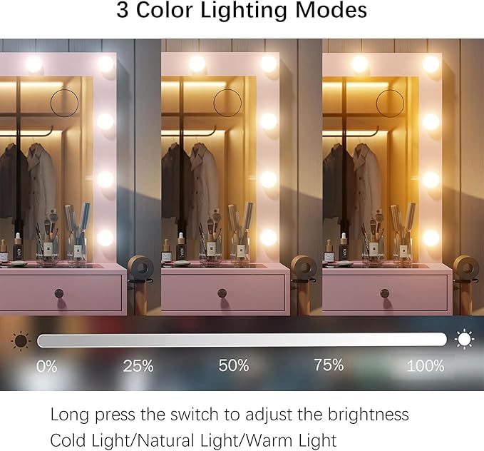 11 Drawers Vanity Desk with Power Outlet, Makeup Vanity with Mirror and 12 LED Lights, 3 Lighting Modes, Glass Top, Dressing Table for Bedroom, Pink