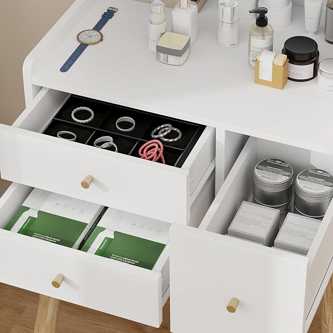 YOURLITE Small Vanity Desk with Mirror and Lights,Makeup Vanity Table with Chair and Drawers for Small Space, Compact Dressing Table with Sliding Door for Bedroom