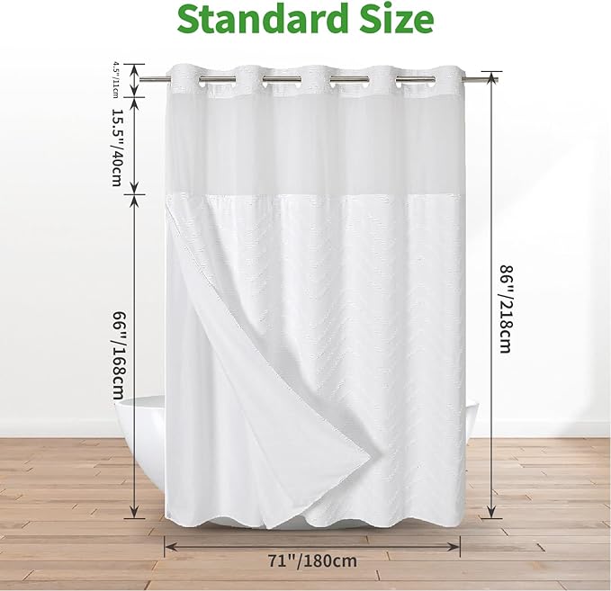 Extra Long No Hook Tufted Chevron Striped Shower Curtain with Snap-in Fabric Liner set-71Wx86H(84H),White Hotel Grade Boho Style Shower Curtain,Water Repellent