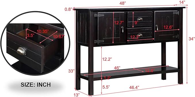 Solid Wood Farmhouse Console Table,Sofa Table with Storage Drawers and Shelves,Entryway Table for Entry Hallway Foyer Sofa Side Table,Fully Assembled(48" Espresso)