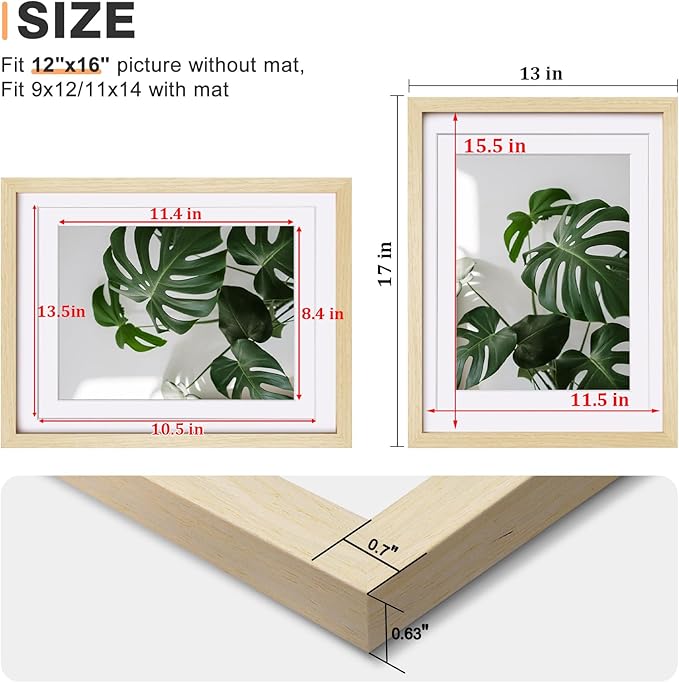 Egofine 12x16 Picture Frame Made of Solid Wood with Plexiglass, Display Pictures 9x12/11x14 with Mat or 12x16 Without Mat for Wall Mounting, Oak Wood