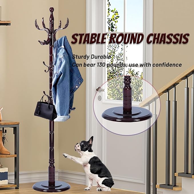 72 in Wood Coat Rack, Coat Rack Freestanding with Stable Round Base, Adjustable Height Tree Coat Racks Stand for Home Bedroom Office Hallway Entryway (Solid Wood Fenghuang Gou)
