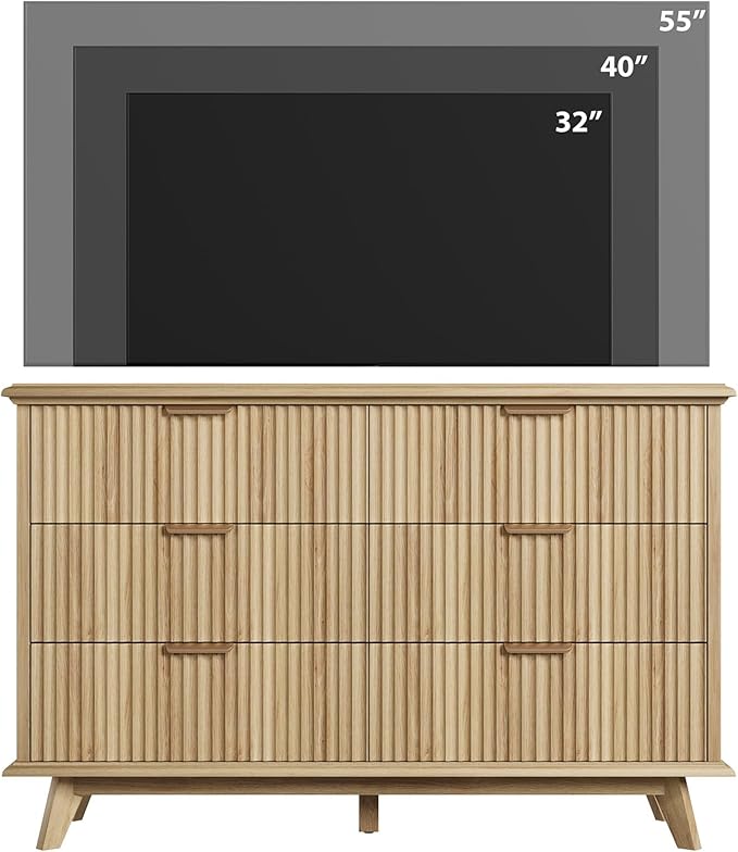 QUW Fluted Dresser for Bedroom with 6 Drawers, 47.2" Wide Modern Chest of Drawers with Metal Handle, Wooden Dresser TV Stand and Closet Clothes Storage Organizer for Living Room, Hallway, Natural Oak
