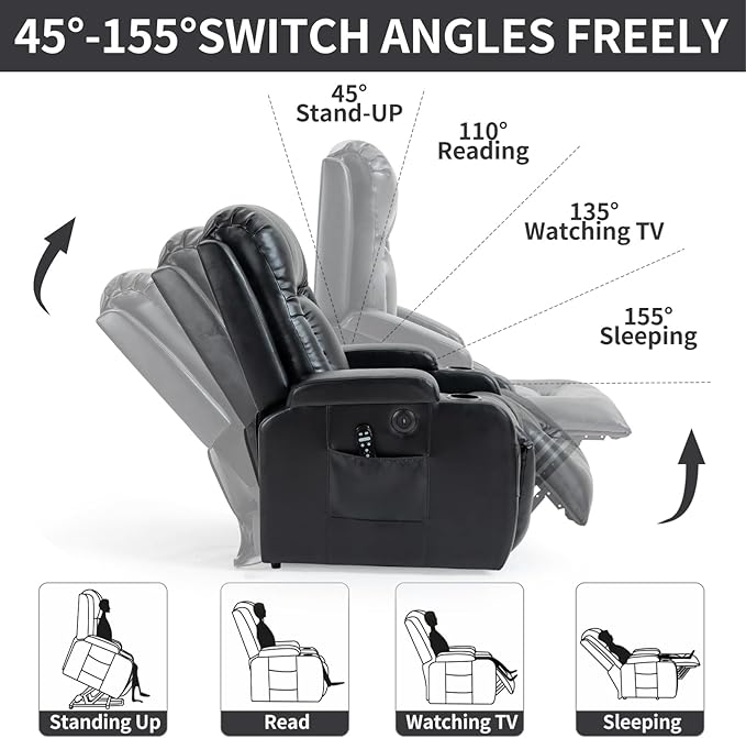 PELUMY Power Lift Recliner Chair for Elderly with Massage & Heat - Heavy Duty Electric Lift Chair, Oversized Recliner, Lay Flat, 8-Point Vibration, Lumbar Heating, USB Port, Cup Holders (Black)