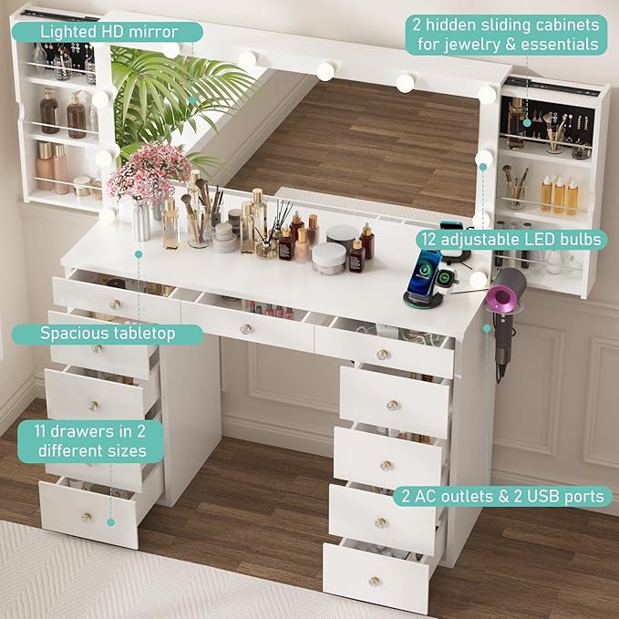 Likein Vanity Desk with Mirror and Lights, White Vanity with Jewelry Storage Cabinet, Makeup Dressing Table with 11 Drawers, Charging Station, Crystal Knobs, 3 Color Lighting Modes for Women, Girls