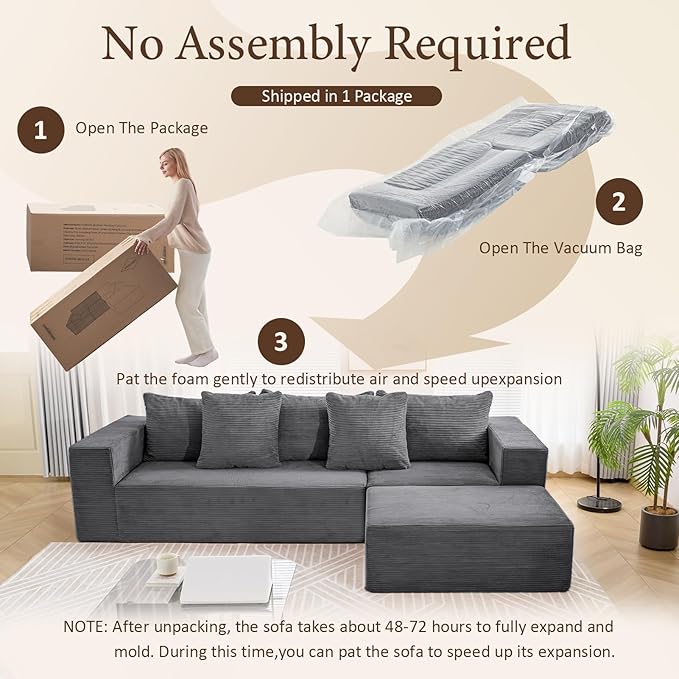 INGEROOM 108" Cloud Sectional Couch with L-Shape Chaise, Modular Sofa Memory Foam, Boneless Sofa with Movable Ottoman, Upholstered Couches for Living Room Bedroom, No Assembly Required, Dark Gray