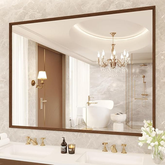 Bathroom Vanity Mirror 48x36 Inch, Walnut Rectangle Bathroom Mirror, Anti-Rust, 4MM Tempered Glass, Wall-Mounted Mirror, Hangs Horizontally or Vertically for Bathroom & Bedroom