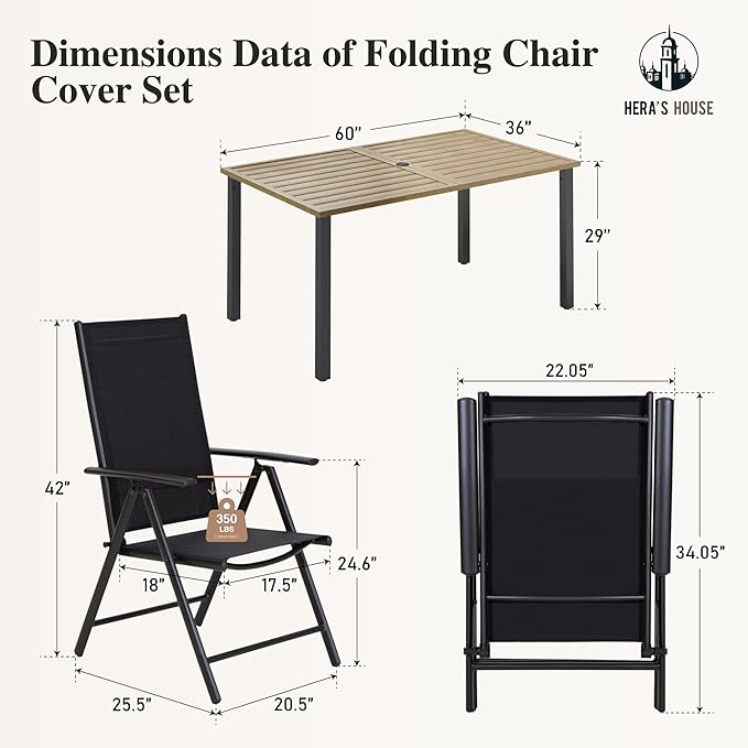 HERA'S HOUSE 7-Piece Outdoor Dining Set for 6, 60" Weather-Resistant Metal Patio Table with 6 Foldable Black Chairs, Perfect for Garden, Backyard, Porch & Lawn (Space-Saving Design)