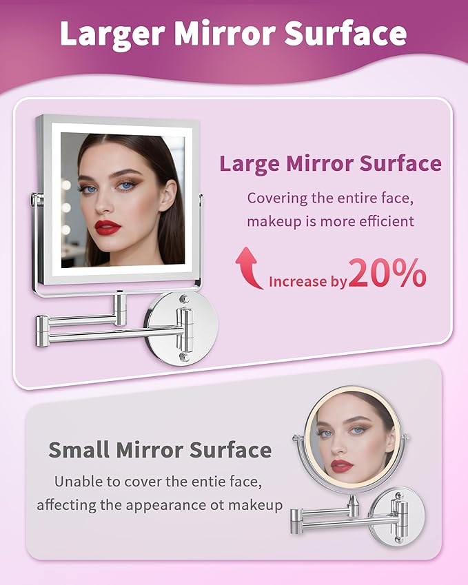 Rechargeable Wall Mounted Makeup Mirror with Lights, 4000mAh Double Sided 1X/10X Magnifying Vanity Mirror with 3 Color Lights, Touch Dimmable, 360° Extension Foldable Arm (Chrome)