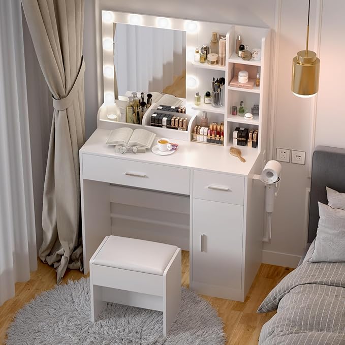 Vanity Desk with Mirror and Lights， Makeup Vanity Desk with Lights 3 Colors，Dressing Table with 10 Bulbs Light, Power Outlet & 2 Drawers and Vanity Stool, for Bedroom Dressing Room (White)