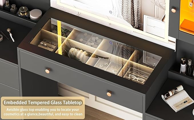 63" Makeup Vanity Desk with Mirror and Lights, Glass Top Makeup Vanity with Power Outlet, 3 Lighting Colors, 7 Drawers, 2 Cabinets for Bedroom, Black