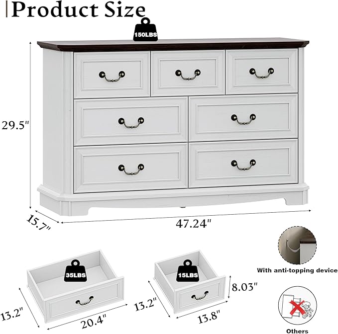 Farmhouse Dresser for Bedroom with 7 Drawer, 48" Wide Rustic Chest of Drawers with Metal Handle, Wood Vintage Dresser TV Stand, Wooden Closet Storage Dressers Organizer for Living Room, Hallway, White