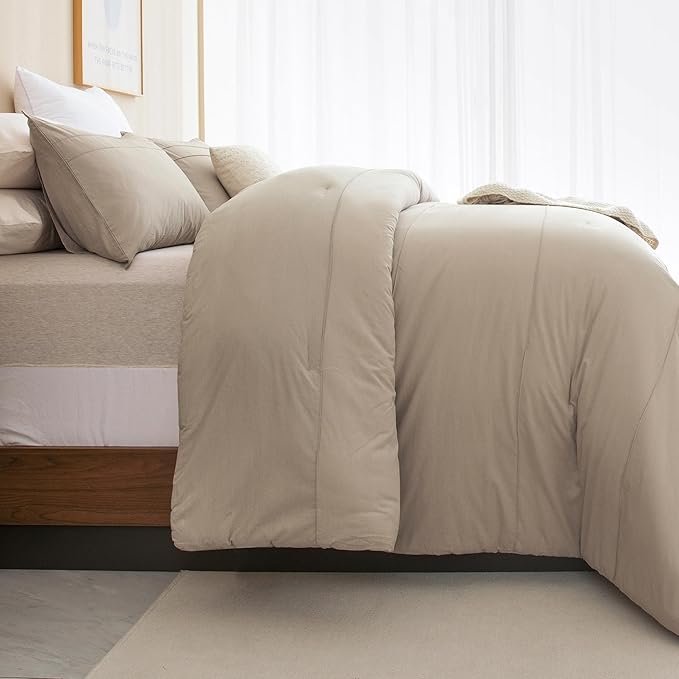 Sanracie Oversized King Plus Comforter 128 * 120, Cotton Linen Feel Textured Comforter Set,Pinch Pleated Pattern Neutral Oversized King Bedding Set 3pcs Aesthetic Solid Comforter Lightweight