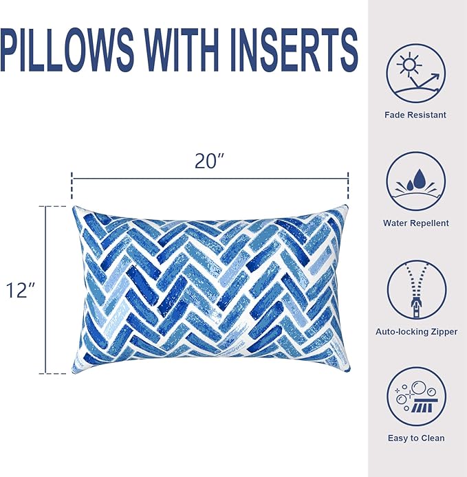 Outdoor/Indoor Lumbar Pillows, Water Repellent Cushion Pillows, 12x20 Inch, Outdoor Pillows with Inserts for Home Garden, Pack of 2, Blue Bricks
