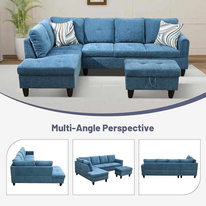 L-Shape 3-Piece Cloud Sofa, Couch for Living Room, Blue Flannel Fabric L-Shape with Reversible Chaise & Storage Ottoman, Ergonomic 110–115° Recline, Solid-Wood Frame