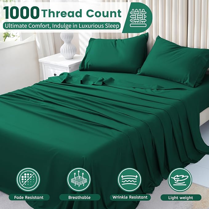 Bedlifes 1000 Thread Count 100% Egyptian Cotton King Size Sheets Set - Sateen Soft Silky Breathable Luxury Cooling 4 Pieces (Dark Green)