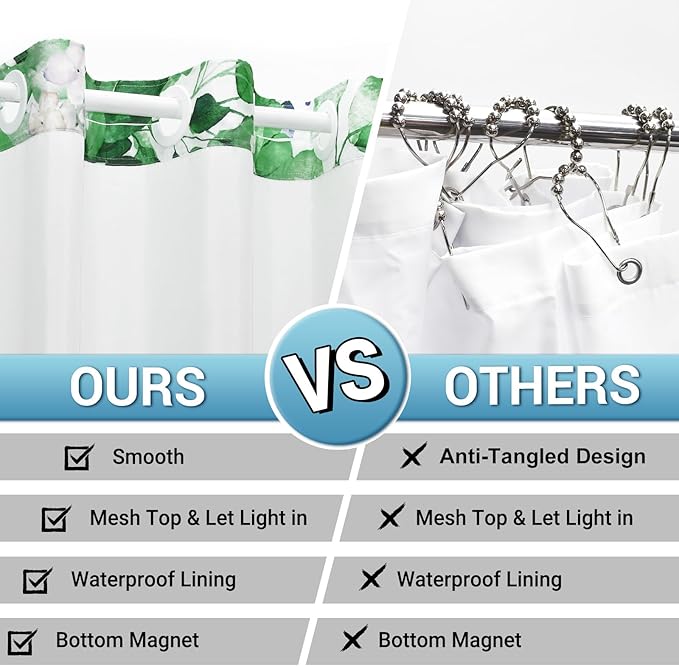 No Hook Shower Curtain with Snap in Liner - Eucalyptus Shower Curtain - Washable Waterproof Inner Liner, Plants Dark Green Leaves Modern Shower Curtains - Machine Washable, 71 x 74