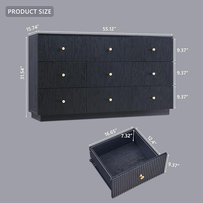 Fluted Dresser for bedroom, 55"W Black 9 Drawer Dressers, Wood Tall Dresser Storage Organizer, Modern Bedroom Chest of Drawers with Deep Storage for Closet Hallway, Entryway, Living Room Black