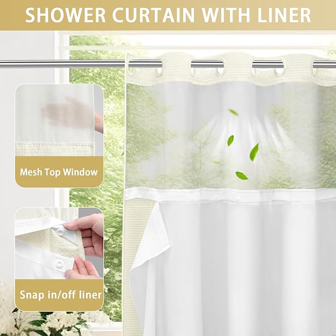 YellyHommy No Hook Shower Curtain with Snap in Liner Set Less Waffle Shower Curtain for Bathroom (Cream, 87" L x 72" W)