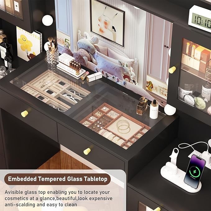 62" Large Makeup Vanity Desk with Mirror and Lights, Glass Top Vanity Table with Power Outlet & Lighted Glass Cabinet , 8 Drawers, Dressing Table with 3 Colors Lights for Bedroom Dressing Room, Black