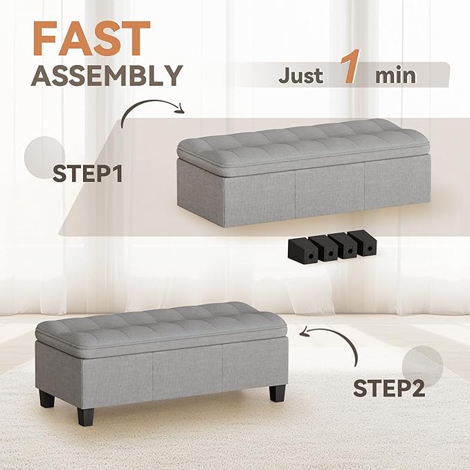 YESHOMY 47 Inches Ottoman with Storage, Storage Bench with Legs, Ottomans for Living Room, Entryway, Adjustable & Movable, Easy Assembly, Linen Fabric Light Gray