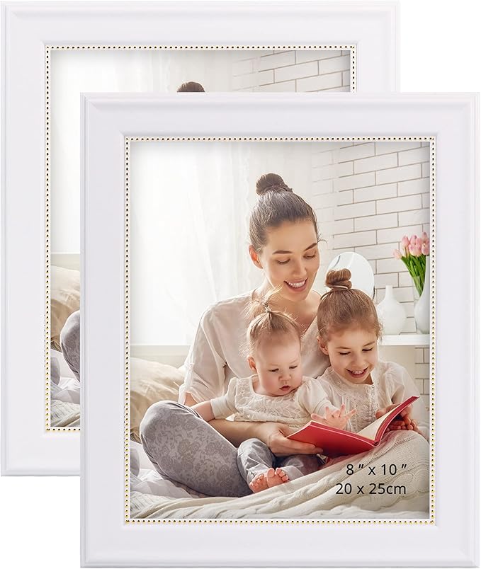 GraduationMall 8x10 Picture Frames, Real Glass, Display Photos for Wall or Tabletop, White with Gold Beads, 2-Pack