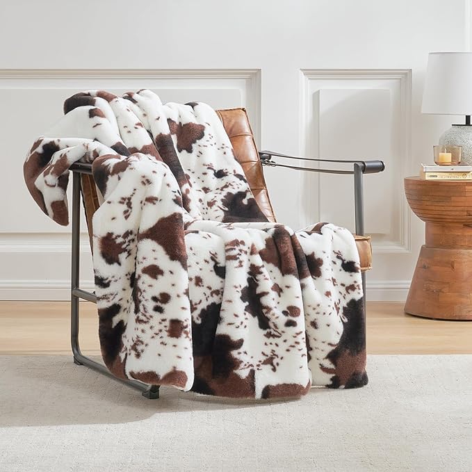 Cozy Bliss Cow Print Faux Fur Throw Blanket, Animal Printed Blankets Super Soft Warm Thick Fluffy Throws Home Decor for Couch Bed Sofa Women (Black&Coffee Cow, 60x80 Inches)