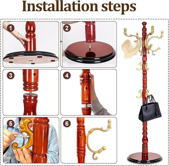 Wooden Coat Rack Stand, High-Grade Coat Racks freestanding with 14 Hooks & Stable disc Base, Easy to Assemble Coat Hanger Stand, for Entryway, Hallway, Bedroom and Office (Begonia)