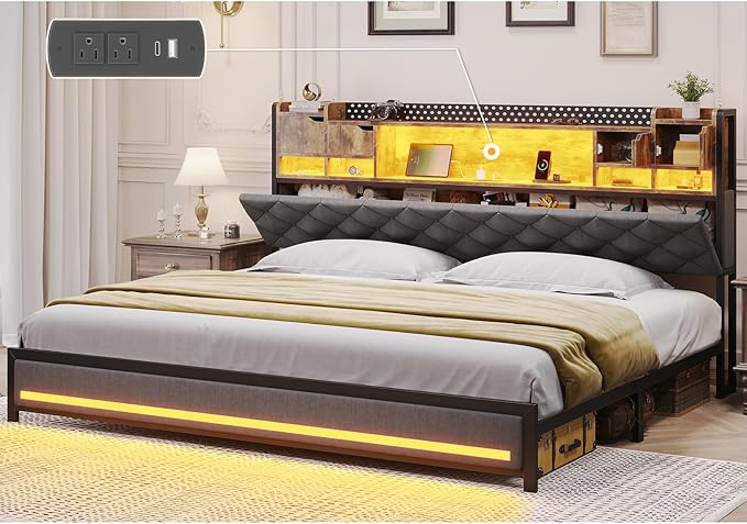King Size Bed Frame with Upholstered Storage Headboard, King Bed Frame with Smart LED Lights, Camas King Bed with Charging Station,Noise-Free, Metal Support, No Box Spring Needed, Gray