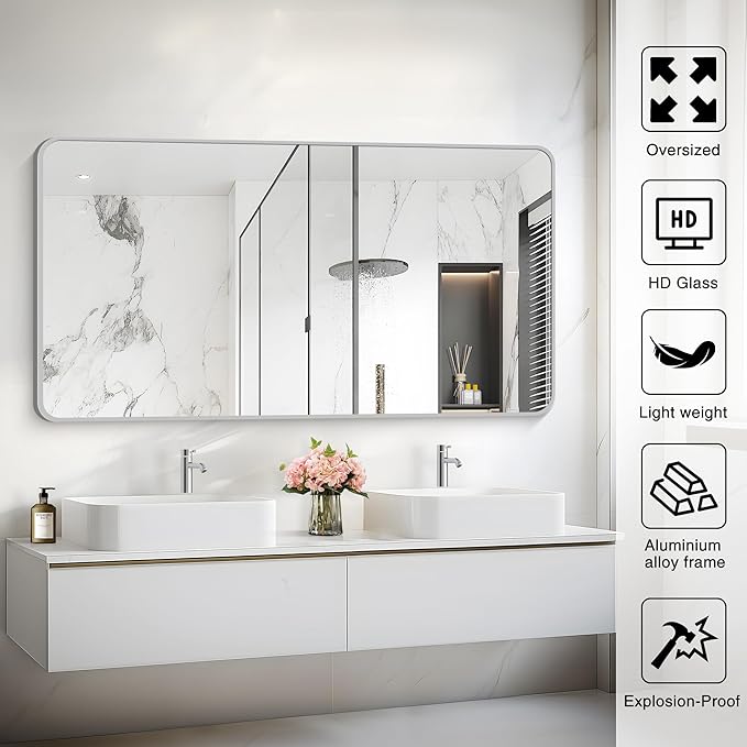 55x30 Inch Silver Bathroom Mirror, Large Rectangular Vanity Mirror, Metal Framed Rectangle Mirrors, Rounded Corner Wall Mounted Mirrors for Living Room Bedroom Entryway Horizontal or Vertical