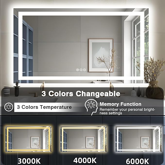 55"x30" LED Bathroom Mirrors for Wall, Front and Backlit Mirror, Anti-Fog Vanity Mirror with Lights, Stepless Dimmable Lighted Mirror, 3 Colors Smart Mirror (Horizontal/Vertical)