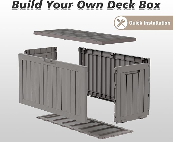 75 Gallon Outdoor Storage Box, Waterproof Resin Deck Box with Lockable Lid, Patio Furniture Side Table & Storage Bin for Package Delivery, Patio Cushions, Garden Tools, Pool Accessories, Grey